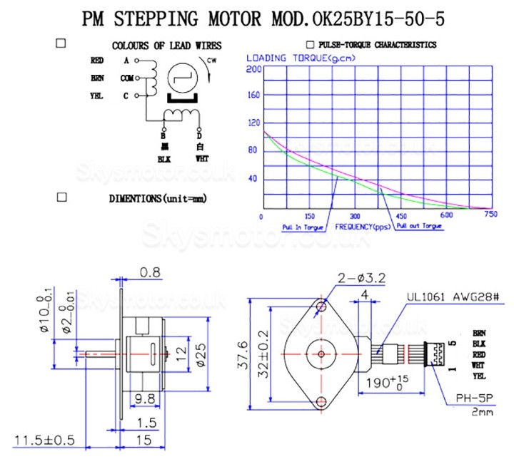 Oukeda PM Stepper Motor Permanent Magnet Motor 4 Phase OK25BY15-50-5 7.5 Deg 0.24A 44mN.m 